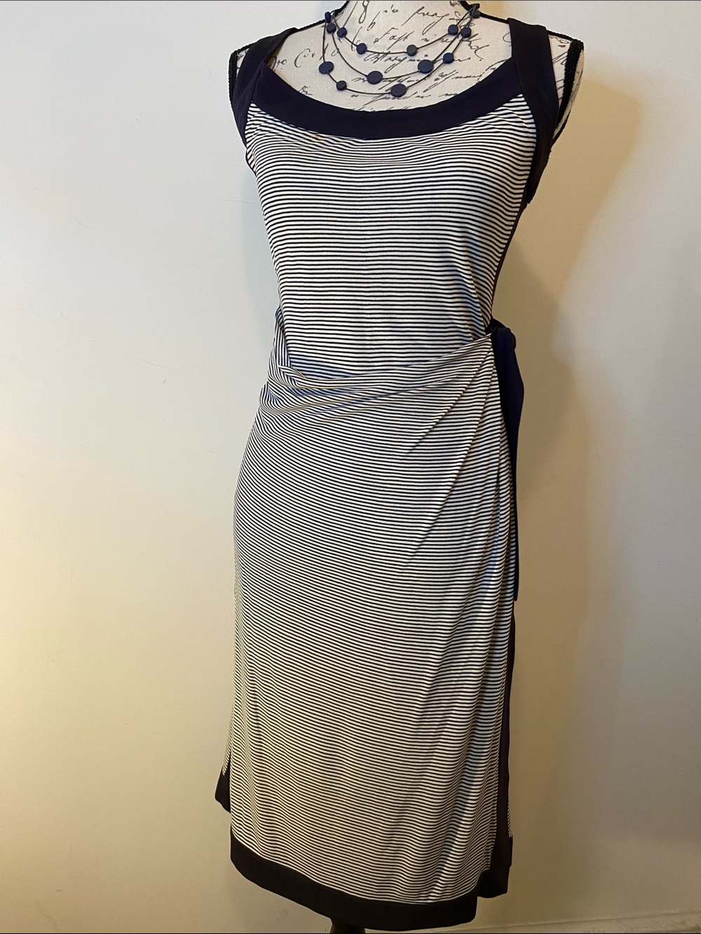 Tory Burch Kyla Sleeveless Striped Wrap Style Midi Dress Navy & white